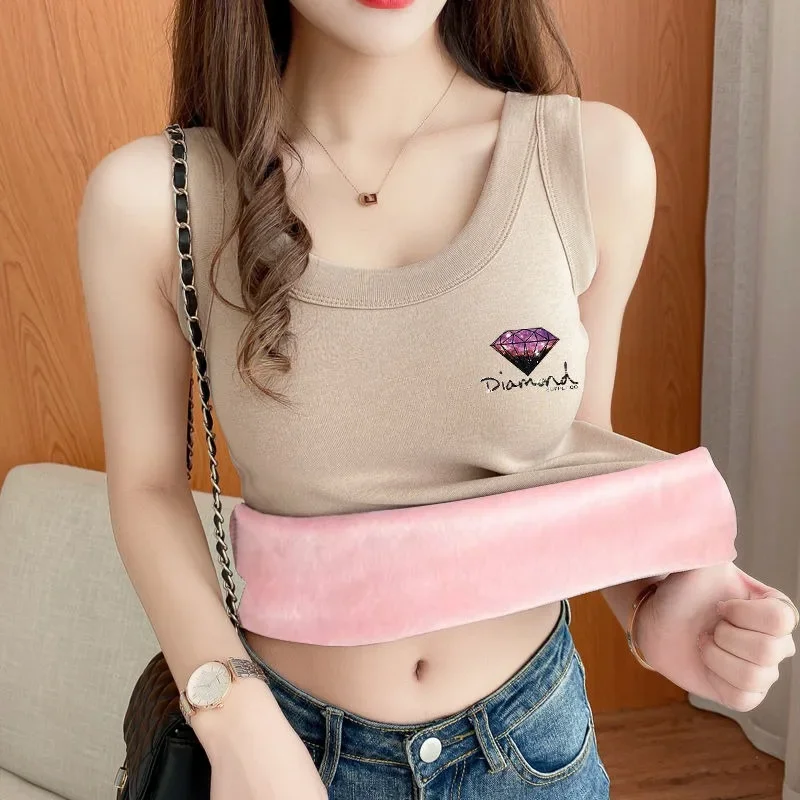 2024 New Two Tank Tops Women Plush Thickened Winter Straps Small T-shirt Top Gallus Beautiful Back Bottom Layer Warm Underwear