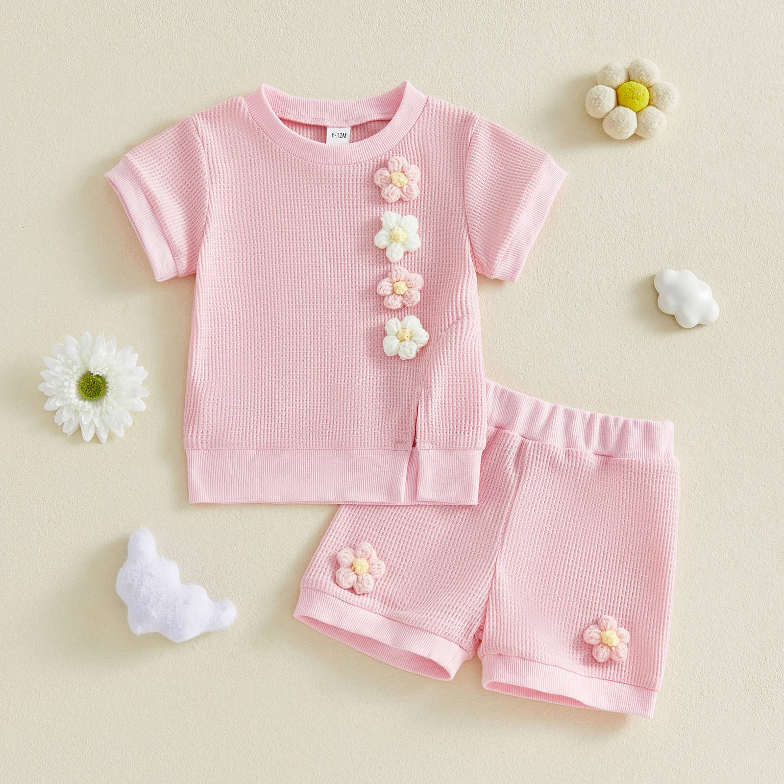 

Комплект из двух предметов для маленьких девочек, очаровательный комплект из вафельного топа с короткими рукавами и шортами с 3D цветочным принтом