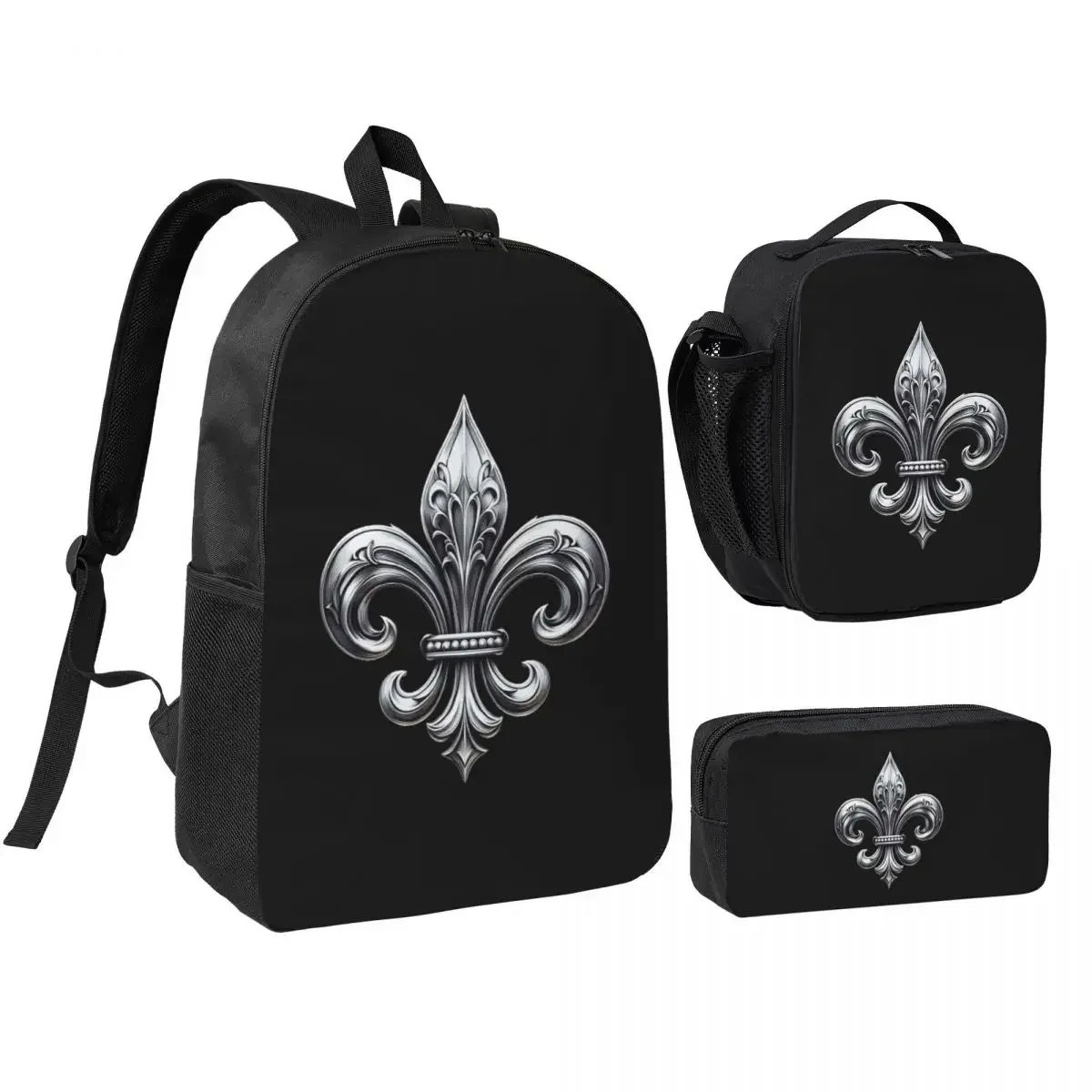 Fleur De Lys Silver Symbol Backpack Boys Girls BookBag School Bag Computer Shoulder Bags 3ps Insulated Lunch Bag Pencil Case