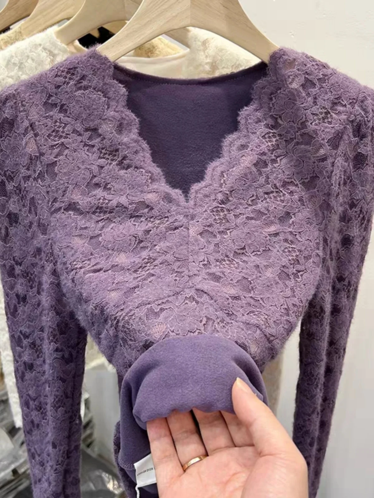 

Faux Fur Inner Low Ne Lace Fce Women's Autumn Winter Thiened Sli V-ne Me Top High-End Feel Base irt