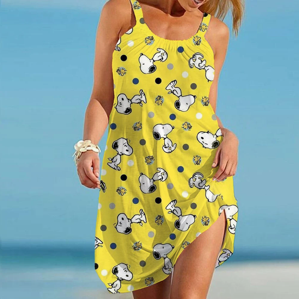 

Snoopy Women's Beach Dresses Kawaii Boho Y2k Sling 2024 Leisure Sanrio Elegant Chic Dress Youthful Woman Clothes S-3XL Anime