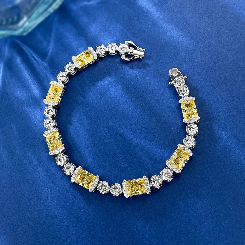 2024 new S925 silver ice flower cut 6 * 8 yellow diamond inlay group full of diamonds, light luxury and simple temperament