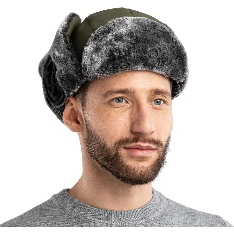 ZffXH Men's Trapper Hat Winter Faux Fur Bomber Ushanka Aviator Hunter Hat with Ear Flaps Elmer Fudd Hunting Trooper Hat