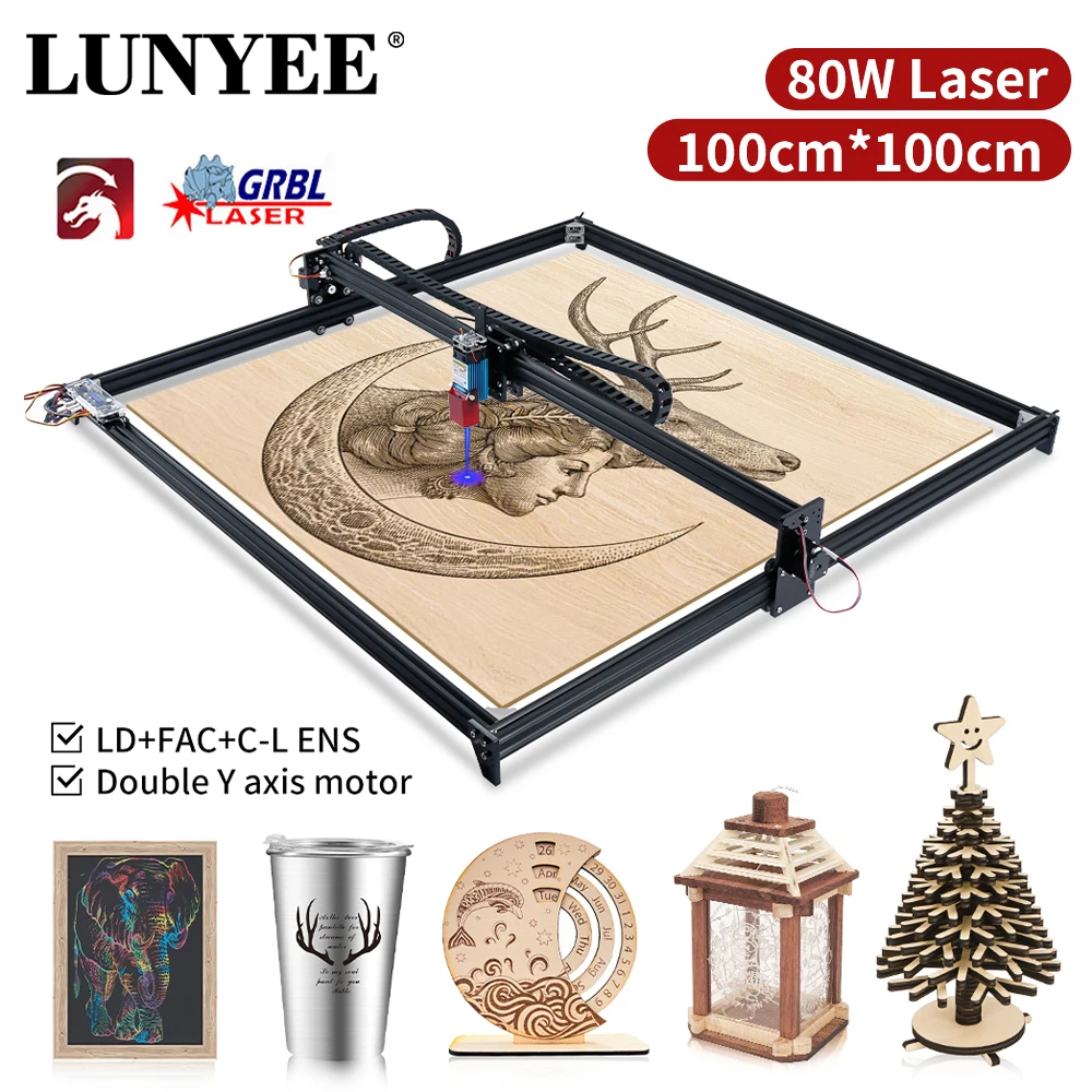 

LUNYEE 80W Laser Engraver Large Area 100x100cm, Laser output power 10W with Air Assist, Laser Cutter Machine for Wood and Metal