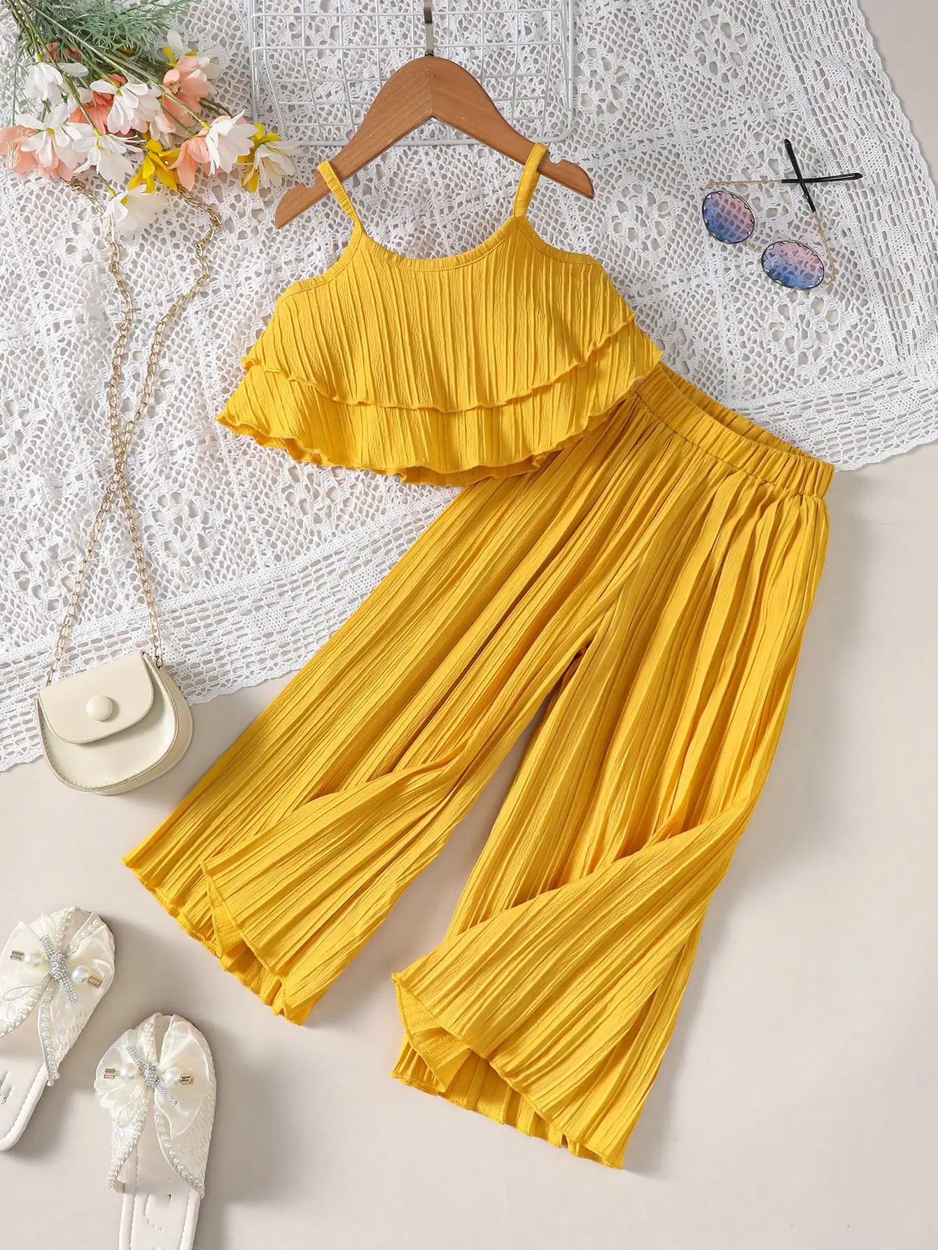 Young Girl Ruffle Hem Cami Top & Wide Leg Pants