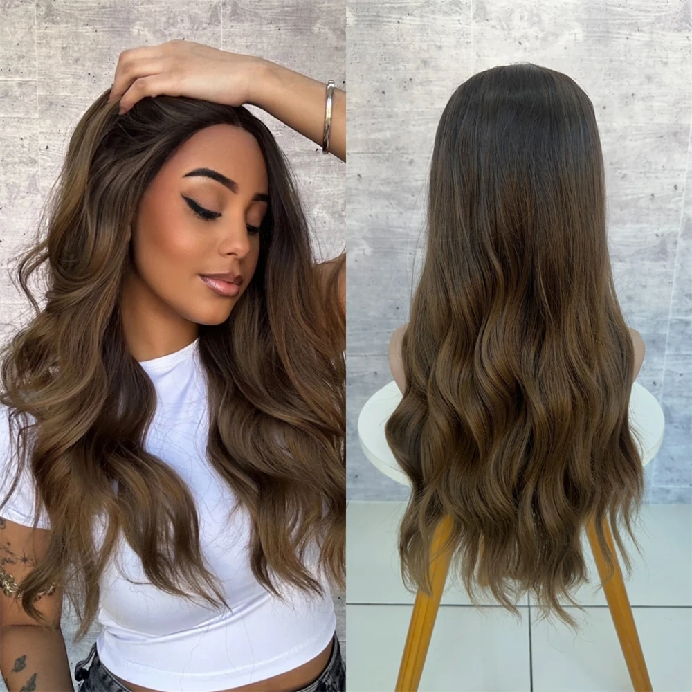 Soft Body Wave Wig 13x4 Free Part Ombre Dark Brown Synthetic HD Lace Front Wig Natural Preplucked Hairline Small Large Size Cap