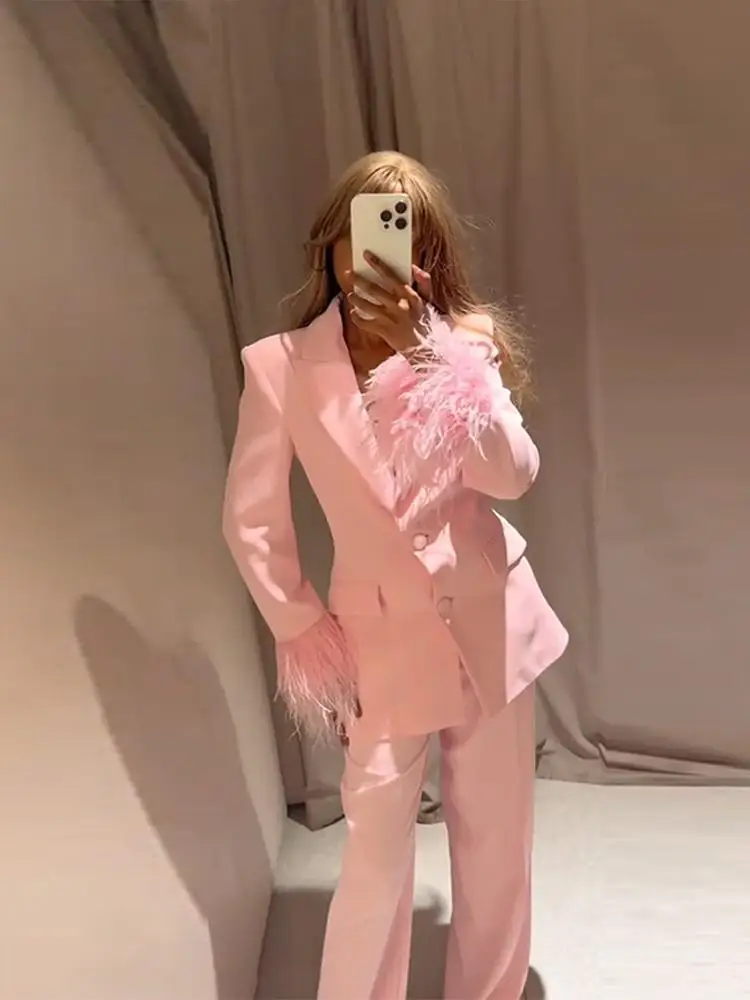 

Sweet Feather Decorated Suits Sets Women Lapel Long Sleeves Single Breasted Coats Wide Leg Trousers 2025 New Lady Party Outfits