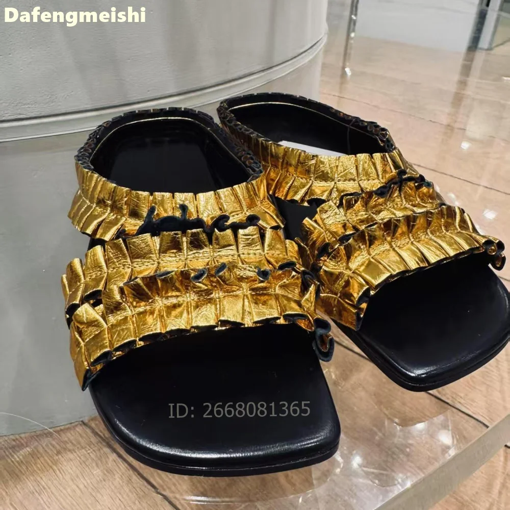 Women Metallic Gold Ruffled Pleated Slide Sandals Open Square Toe Flat Slippers Casual Daily Wear Outdoor Beach Slip On Shoes