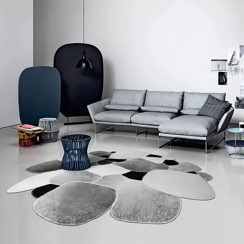 Irregular Cobblestone Cowhide Round Carpet Livingroom Home Luxury Piano Floor Mat Handmade Rugs For Bedroom Minimalist Area Rug
