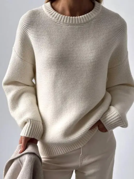 

Round Neck Knitted Sweater 2025 Autumn/winter New Style Simple and Lazy Hooded Pure White Round Neck Sweater