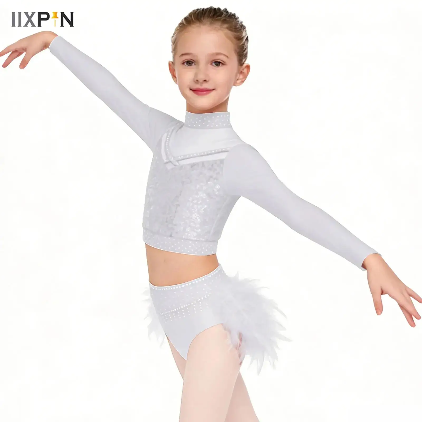

Shiny Girls Rhythmic Gymnastics Jazz Dance Costume Sequin Crop Top Skirts Athletic Activewear Ballet Dance Performance Outfits