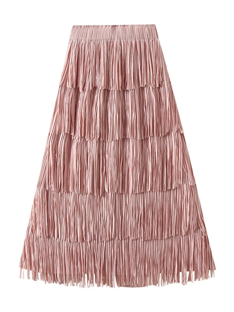 LANMREM Pleated Tassel Long Skirts For Women High Waist Solid Color Stitching Elegant Party Clothing 2024 Summer Autumn 2DA1644