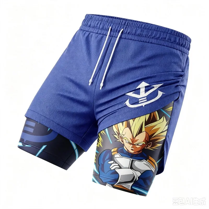 2026 Summer Dragon Ball Vegeta Super Saiyan V2 2-in-1 Double Layer Shorts, Oversized Men's Kid Fitness Retro Unisex Athletic Y2k