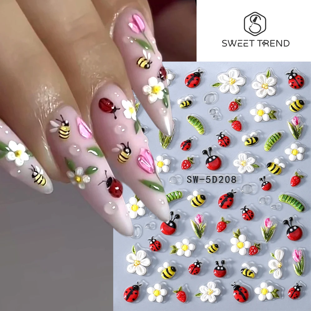 SWEET TREND-5D Bee Daisy Nail Art Stickers Decals White Daisy Floral Insects Spring and Summer Manicure Slider Stickers Decor