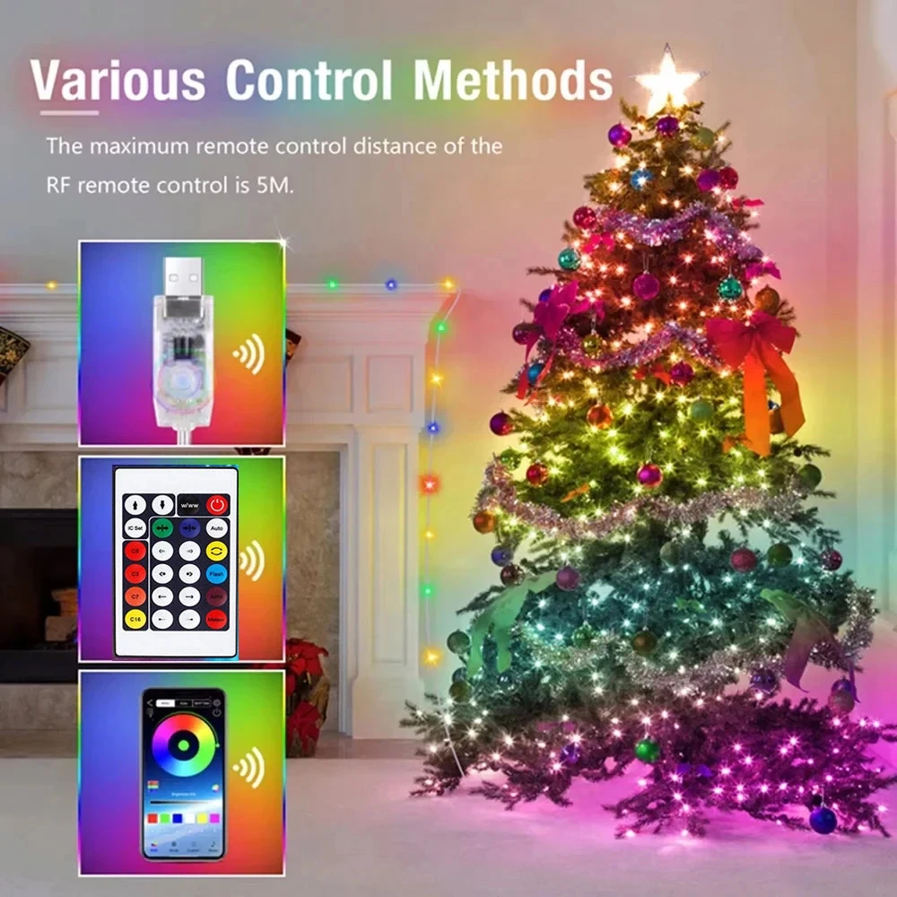 String LED Bluetooth Fairy Lights Dreamcolor RGBIC DIY Party Christmas Tree Lights Wedding Decor Garland USB Lamp 15M/10M/5M/2M