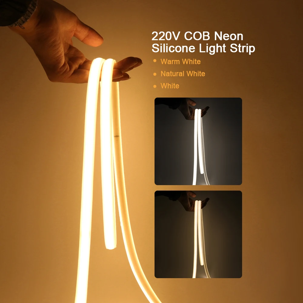 220V LED COB Neon Strip Light With Switch Flexible Silicone Tube Lamp 288LED/m Linear Lighting Waterproof LED Ribbon Home Decor