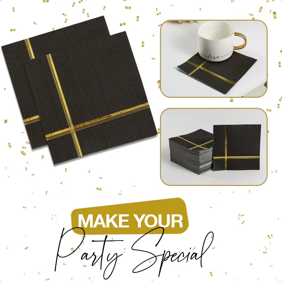 Conjunto de guardanapos pretos e dourados com 100 guardanapos de coquetel e dert de 5 x 5 polegadas com acabamento dourado perfeito para festas de casamento e eventos