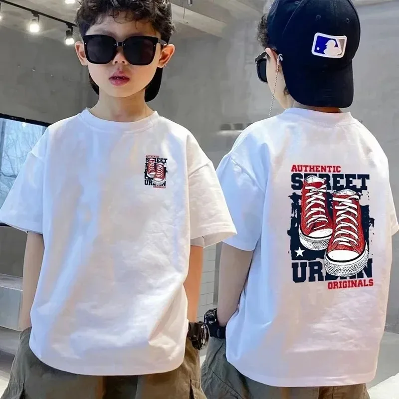 2024 Summer Kids Streetwear Interest Cartoon Print T Shirt 100% Cotton Tops Tees Children Short Sleeve Boys Girls Clothes