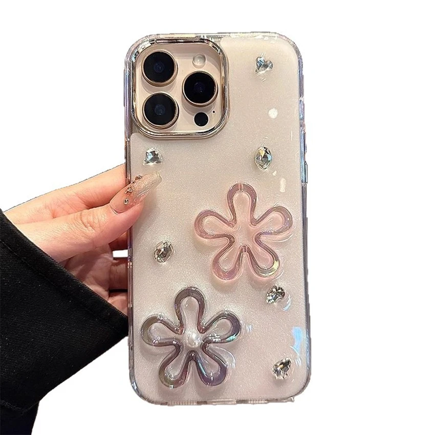 حافظة هاتف مصنوعة يدويًا من الزهور المجوفة لهاتف آيفون 17 16 15 14 13 Pro 12 11 Max 16 Pro Max حافظة هاتف ماسية فلاش غطاء فريد من نوعه