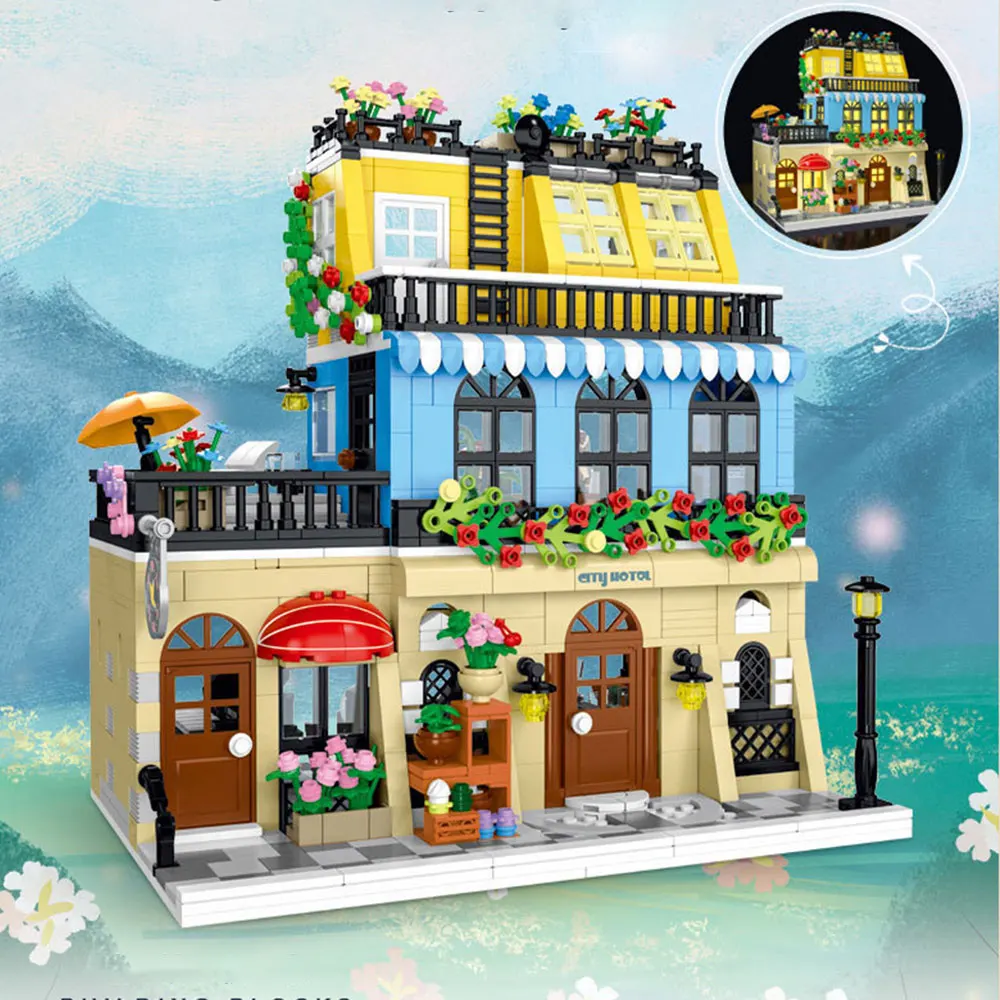 1464PCS MOC City Hotel Street View Series Villa Assembly Particle Building Blocks Toys Male and Female Gifts