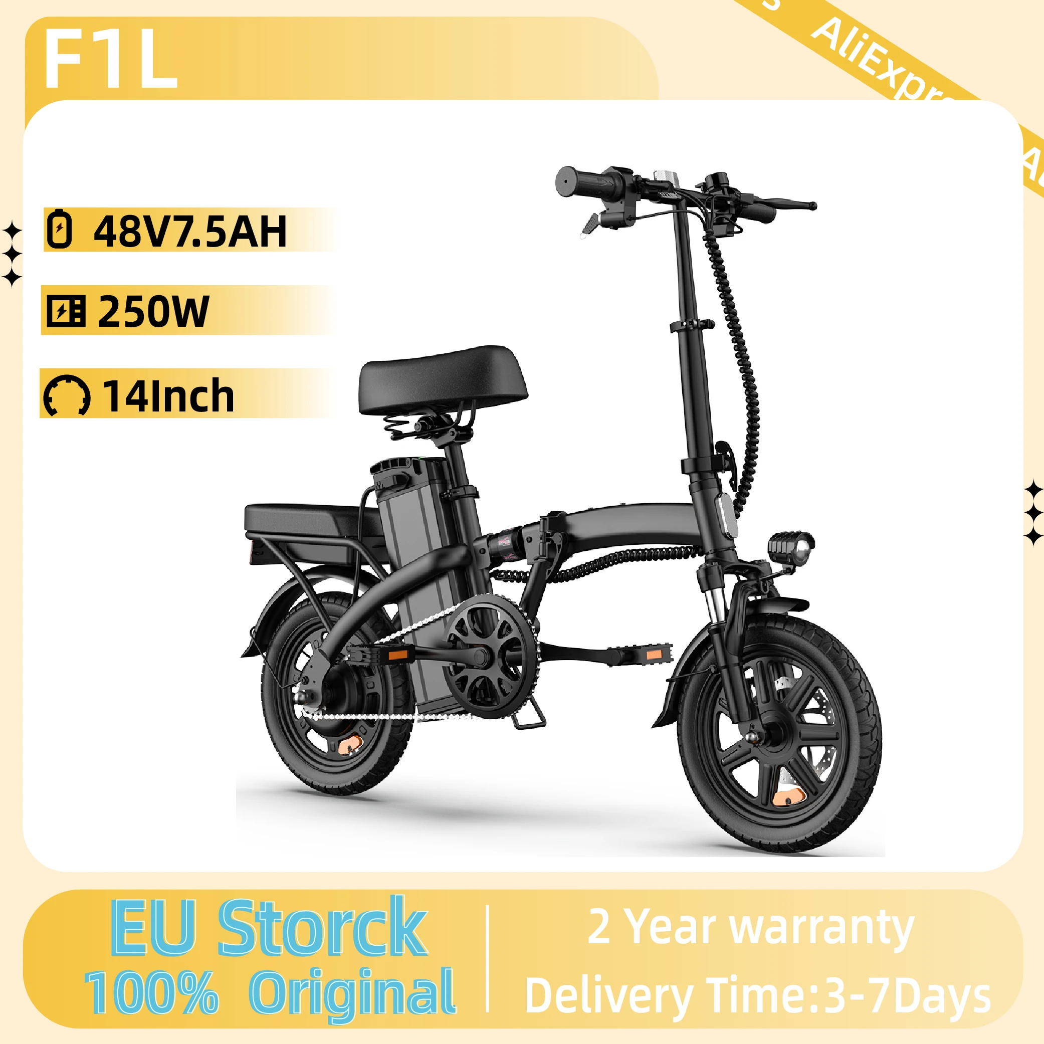Vélo électrique unisexe URLIFE F1L, moteur 250W, pliable, batterie 48V 7.5AH, vélo de ville 14 pouces avec porte-bagages arrière