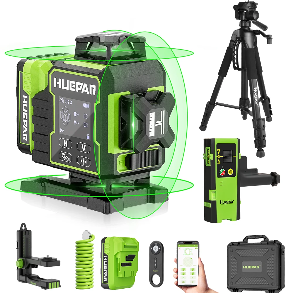 Huepar 4D Green Laser Level Self Leveling 4x360° Bluetooth Lazer Leveler Tool with Electric Rotating Base Large LCD Screen W04CG
