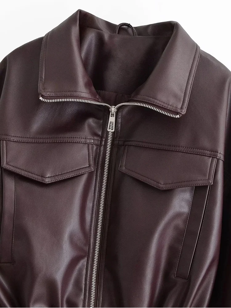 AACHOAE Women Faux Leather Jacket Drawstring Waist Zip Up Utility Short Coat Flap Pocket Casual Streetwear Autumn Outerwear