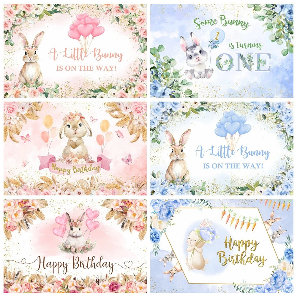 

Bunny Happy Birthday Backdrop Easter Bunny Floral Photography Background A Little Bunny is On The Way Party Banner Decoration