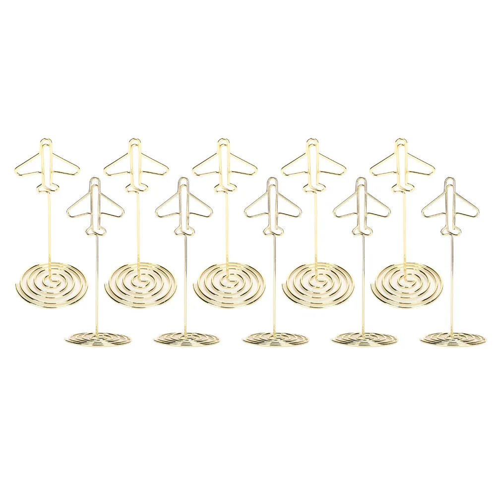 10Pcs Three‑dimensional Metal Photo Holder with Base Airplane Shape Gold Desktop Card Holder with Base Electroplating