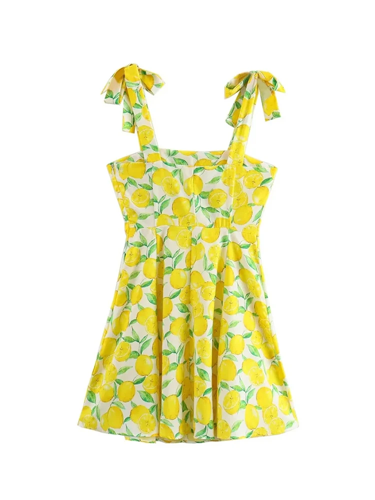 Yellow Lemon Print Dress for Women, Knotted Strap, Chic Lady, High Waist,  Casual Mini Dresses, Holiday, Summer Fashion