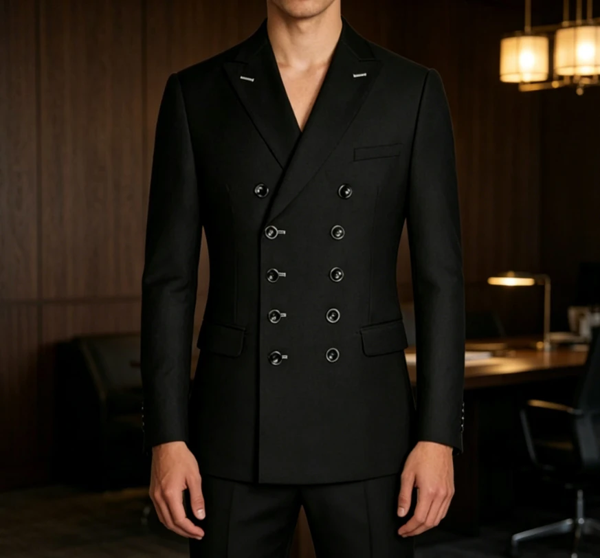

Modern Fit Double-Breasted Suit Set for Men from XS to 5XL, Notched Black Suits 2 Pieces (Jacket Pants) Tailored Size Tuxedo
