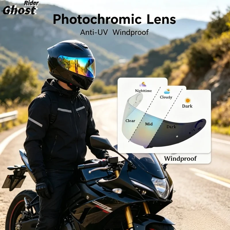 ForPhotochromic Anti‑UV Visor for GT‑AIR2 NEOTEC CNS1, Windproof Light‑Sensitive Clear‑to‑Dark Helmet Replacement Lens