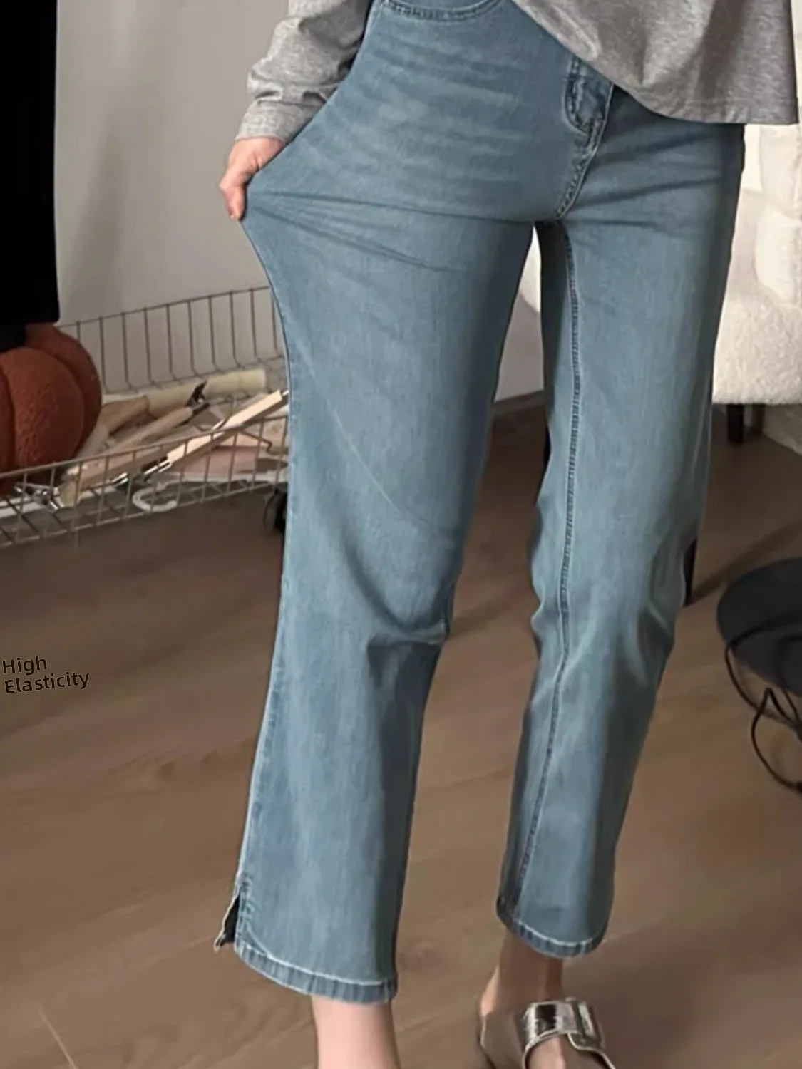High Waist Elastic plus Size Women's Jeans Casual Straight Leg Slimming Denim Pants for Pear Shaped Body Nine Point Smoke Tube