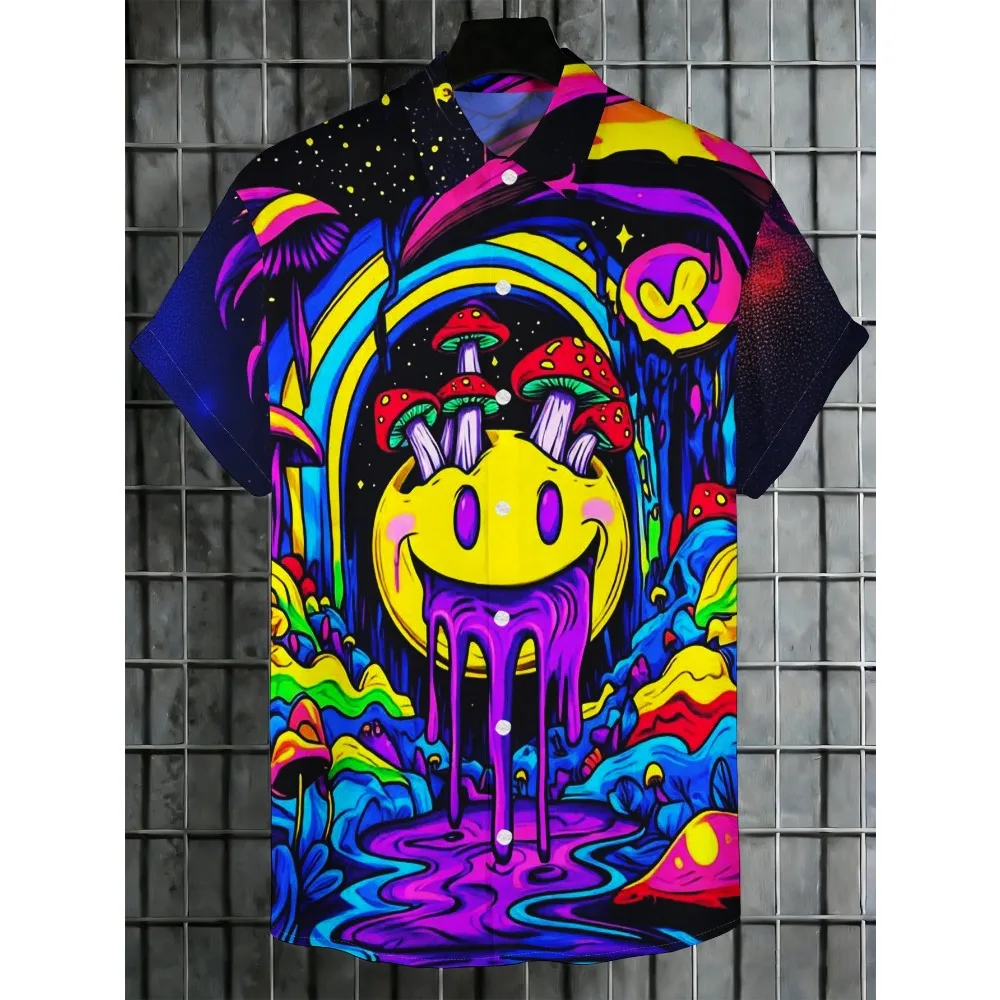 Men Trippy Smiley Mushroom Rainbow Hawaiian Shirt Short Sleeve Button Down Casual Beach Vacation Top