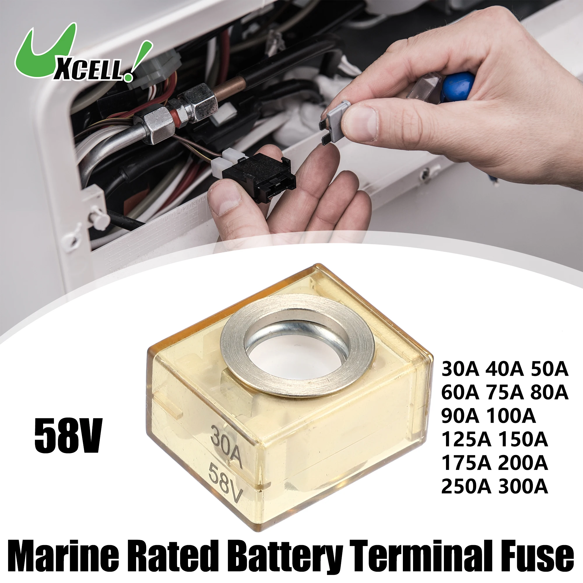 

UXCELL Waterproof 30A 40A 50A 60A 75A 80A 90A 100A 125A 150A 175A Marine Rated Battery Fuse Terminal Fuse Only 58V DC Maximum