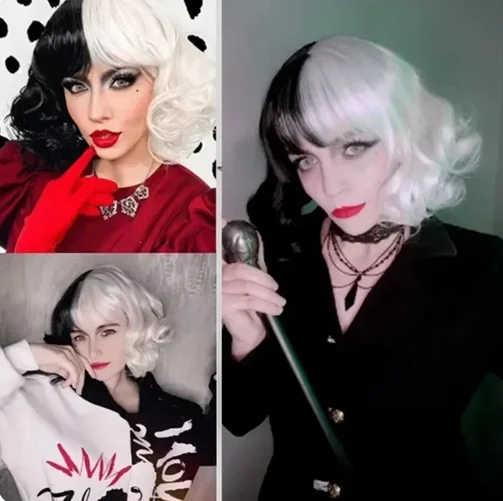 Парик аниме Cruella De Vil, вьющиеся получерные полубелые парики, косплей, женские короткие волосы для девочек, милые парики для Хэллоуина