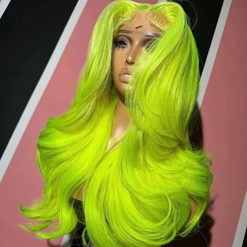 MXWIGS Synthetic Hair Neon Yellow Green Body Wave Lace Front Wig For Black Women Cosplay Long Glueless  Heat Resistant Fiber