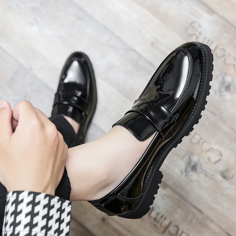Men's Black Patent Leather Penny Loafers Chunky Lug Sole Thick Bottom British Style Slip-On Shoes 2026 New Size 38-46 Non-Slip