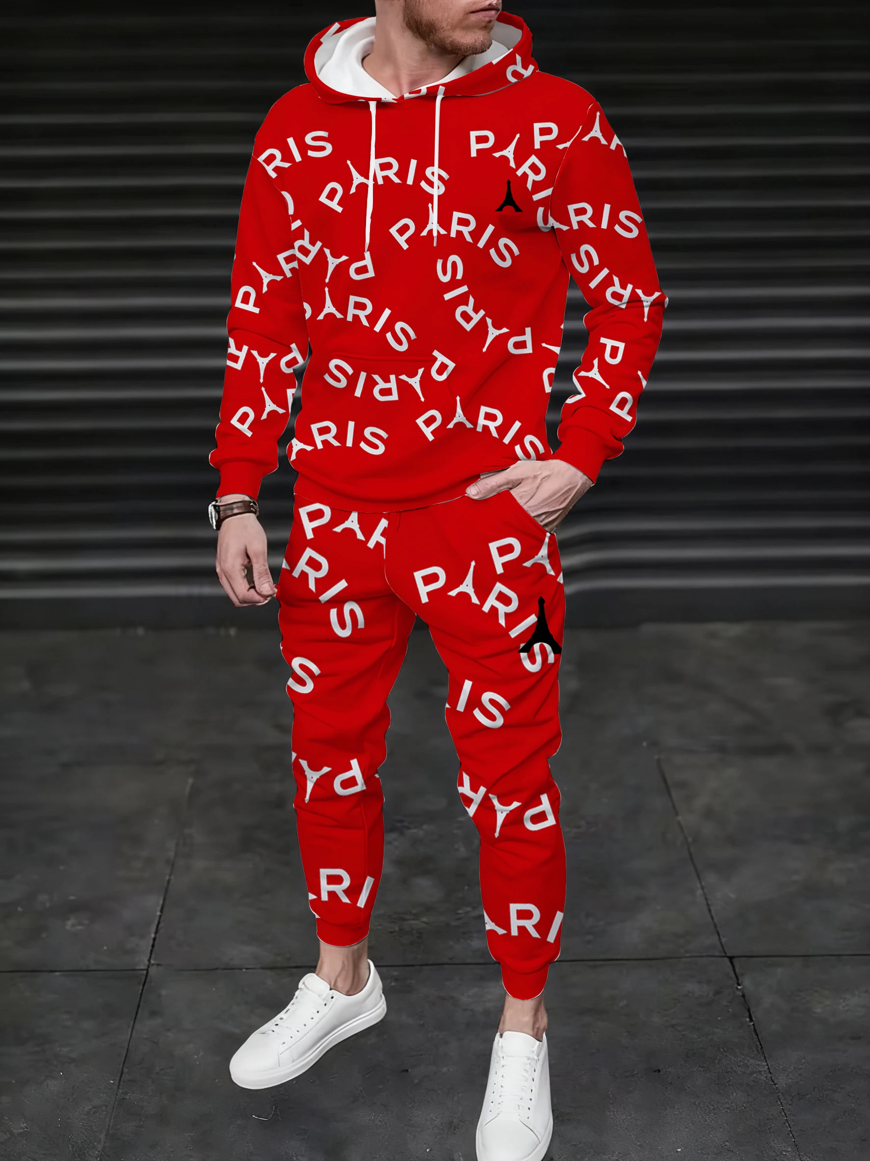 

Мужская толстовка и спортивные штаны с капюшоном, с цветными комбинациями PARIS, универсальны для улицы.