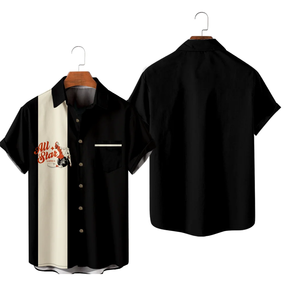 

Men's Casual Shirt Billiard Girl Print Patchwork Y2K Hombre Fashion Summer Black Shirt Hawaiian Beach Oversized