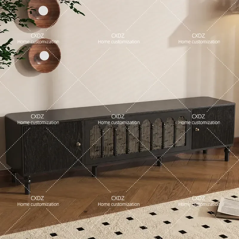 Retro Medieval TV Cabinet Modern Simple Light Luxury Solid Wood Ash Floor Storage Unit for Living Room