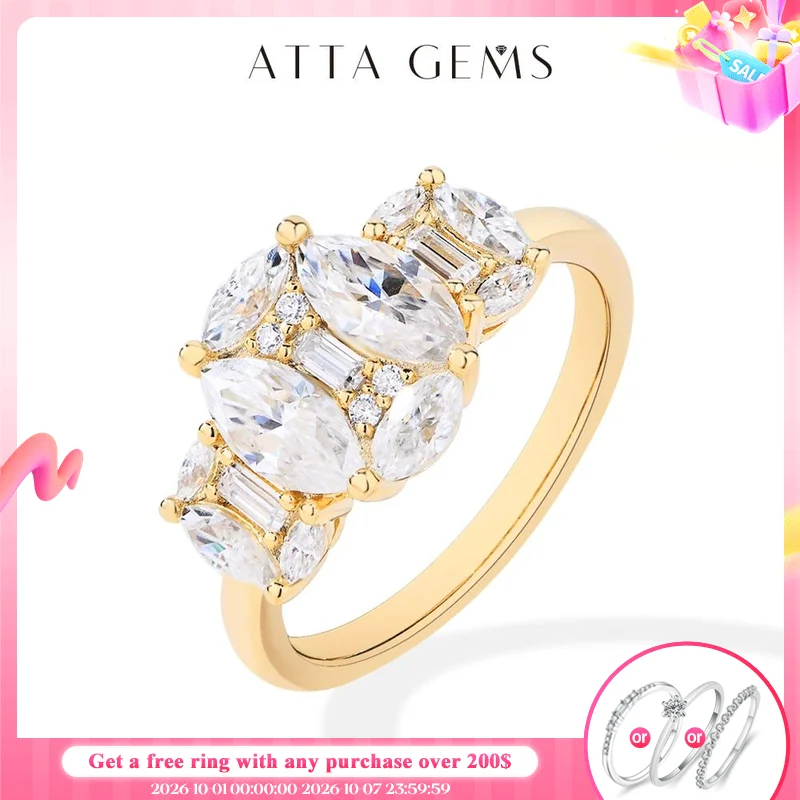 ATTAGEMS 2.3CTW Marquise Rectangle Moissanite Ring for Women D VVS1 925 Sliver White Gold Engagement Wedding Jewelry Top Quality