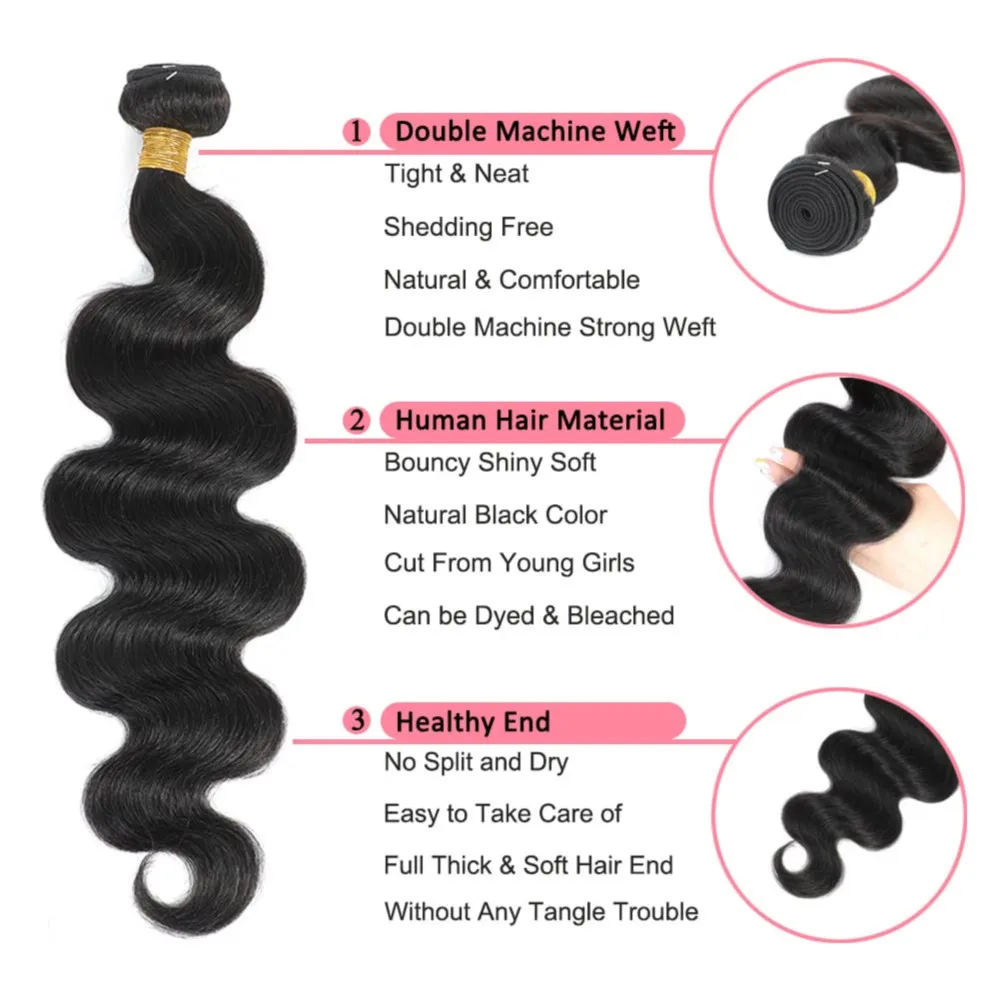 Bundles brésiliens de cheveux humains Body Wave pour femme, 100% cheveux humains, extensions non traitées, noir naturel, 30 po, document # 1B