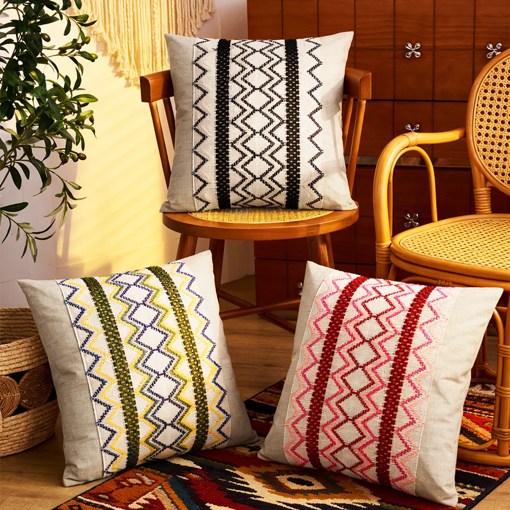 Boho Tribal Geometric Woven Patchwork Cushion Cover Cotton Linen Multicolor Throw Pillow Cover for Ethnic Home Sofa Decor