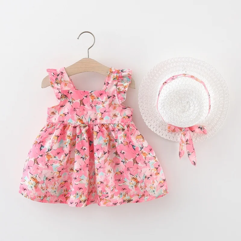 

Baby Girl Clothes Summer Full Printed Floral Rendering Style Halter Girl Kid's Dress Cute Casual Beach Girls Dresses With Hat