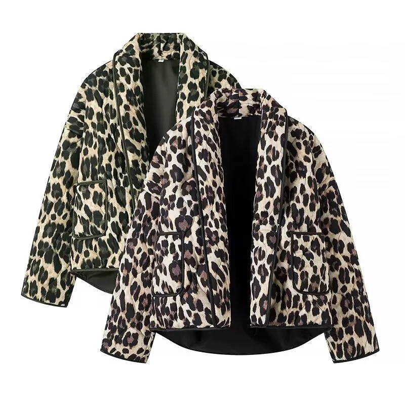 

YENKYE New Autumn Leopard Print Jacket For Women Long Sleeve Shawl Collar Quilted Oversize Outerwear Vintage Streetwear Coat