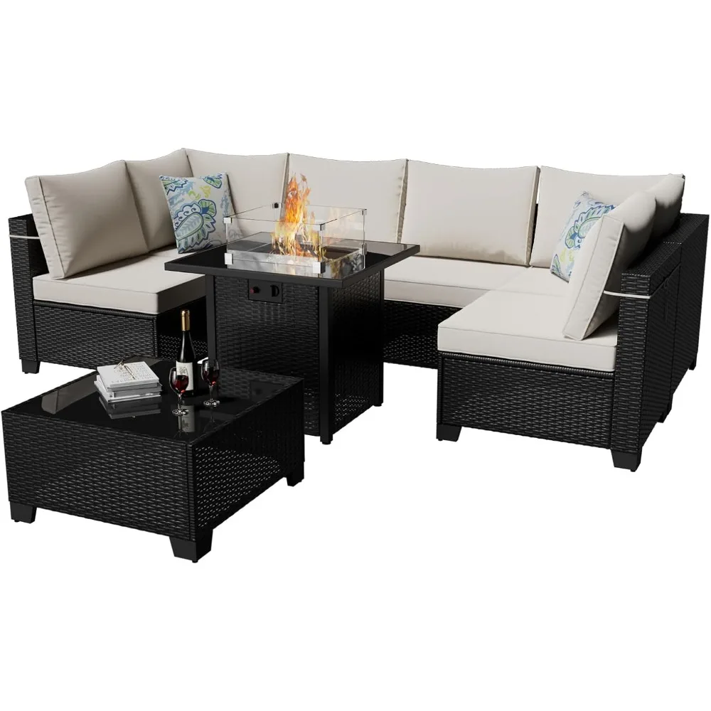 

8-Piece Patio Set Furniture Rattan Wicker Outdoor Sectional Sofa with 28" Gas Fire Pit Set and Cushions, Conversation Set