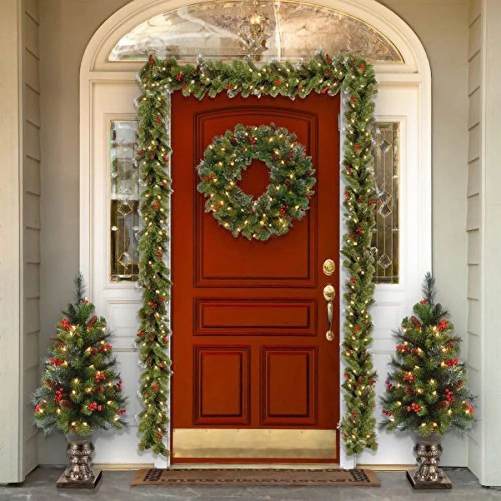 

Christmas Wreath Pre-Lit Handcrafted Wreath With LED Lights Decorated Berry Clusters Pine Cones Branches Christmas Ornaments