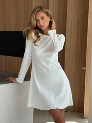 Marthaqiqi White Causal Female Nightgown O-Neck Sleepwear Long Sleeve Nightwear Loose Mini Dress Winter Brief Home Clothes Women