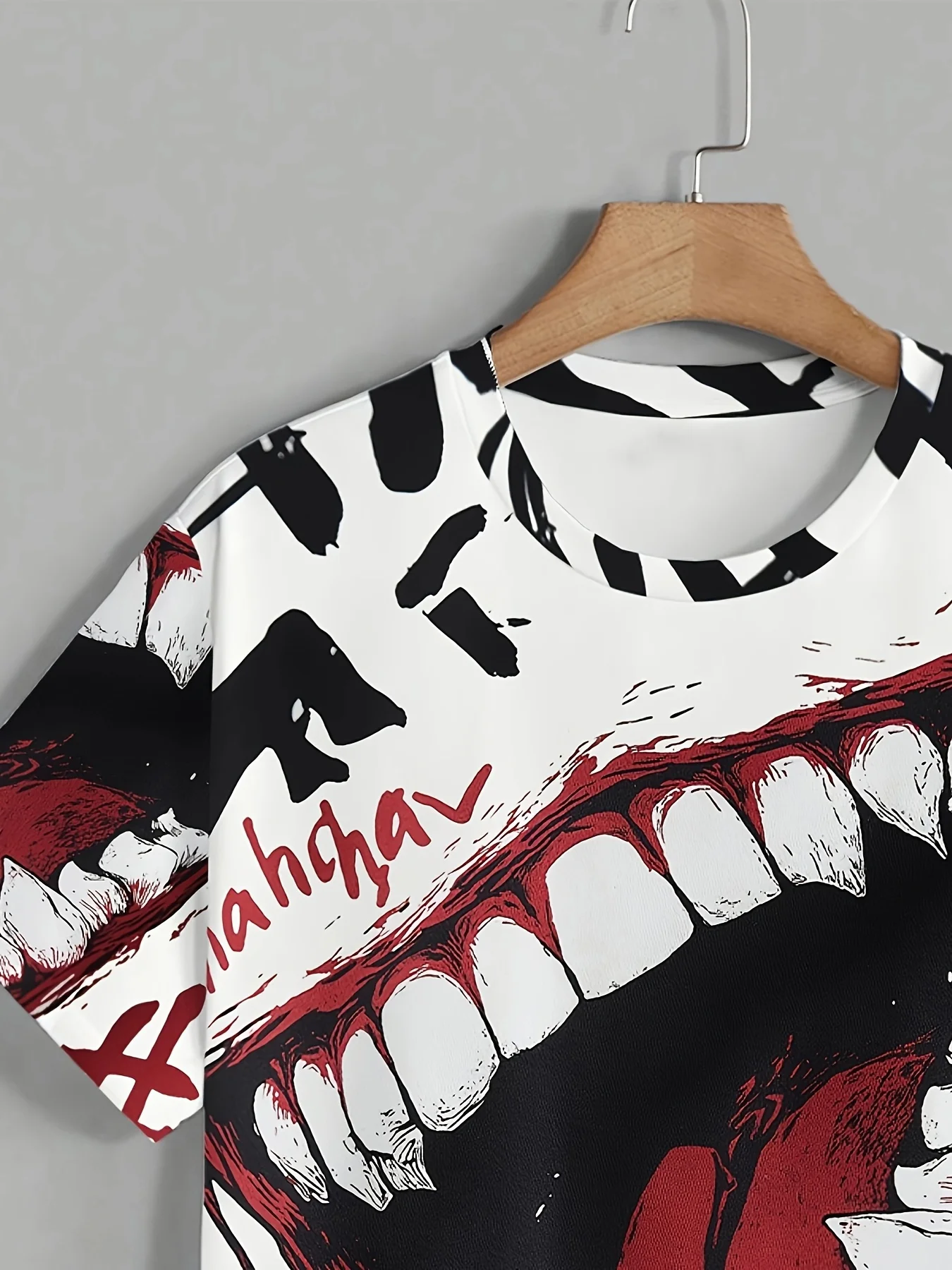 Herren-T-Shirt mit weißem Grundmuster, Horror-Großzahnteeth-Blutstropfen-Print, O-Ausschnitt, Kurzarm, Hip-Hop-Streetwear, Lässige Oberteile – Detail 5